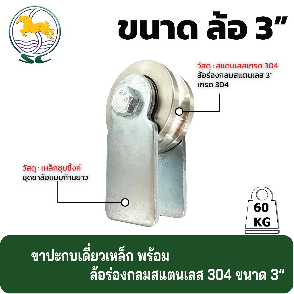ล้อร่องเพลา(กลม)สแตนเลส3นิ้วรู4หุน+ขาล้อเดี่ยว4นิ้ว(เหล็ก) ประตูรั้ว ประตูบานเลื่อน