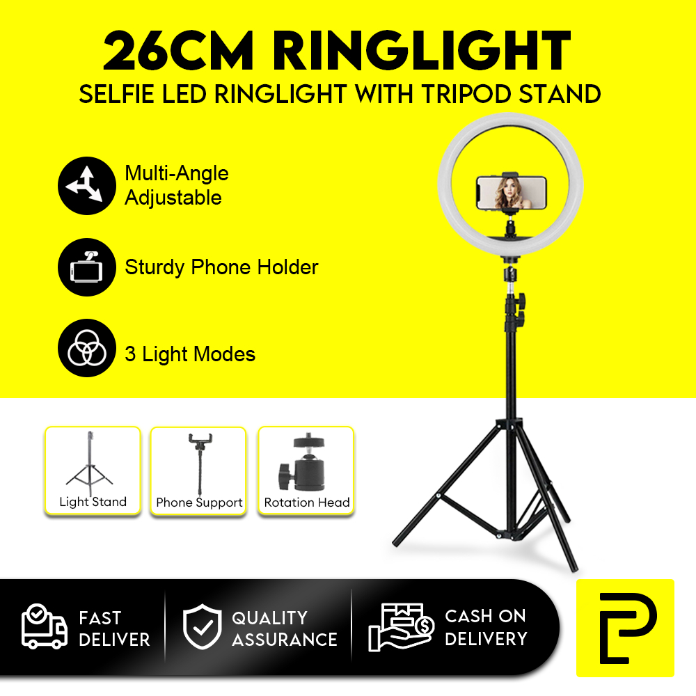 ไฟไลฟ์สด ไฟแต่งหน้า ชุดไฟไลฟ์สด LED Ring Light 26CM ขาตั้ง2เมตรพร้อมไฟ+ที่จับมือถือ ไฟสตูดิโอ ปรับได้3สี ไฟ