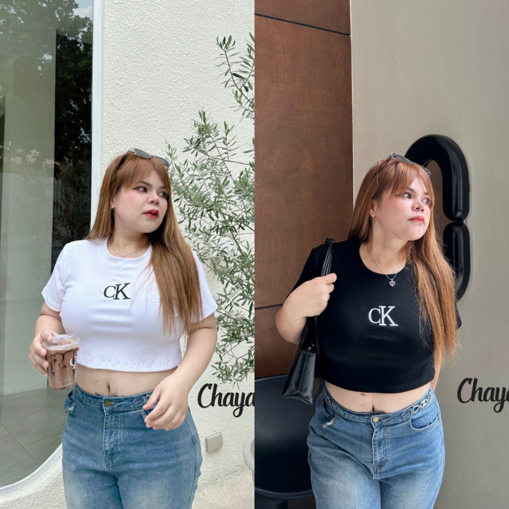 [OLIVE.PLUSSIZE พร้อมส่ง] เสื้อยืดครอป เสื้อครอปสาวอวบ งานปัก ผ้ายูนิโคล่ อก38-52นิ้ว
