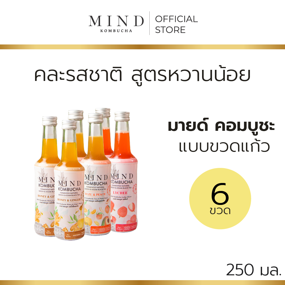 มายด์ คอมบูชะ ขวดแก้วพร้อมดื่ม สูตรน้ำตาลน้อย [6 ขวด] ขนาด 250 มล. (50 แคล)