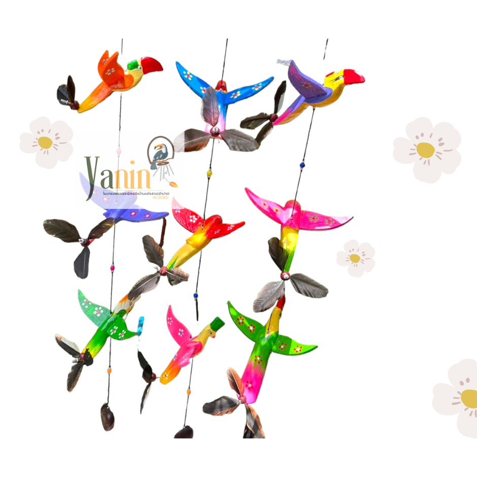 โมบายแขวน นกไม้สาย3ตัว คาบเงินคาบถั่วทอง พร้อมหางหมุนๆ