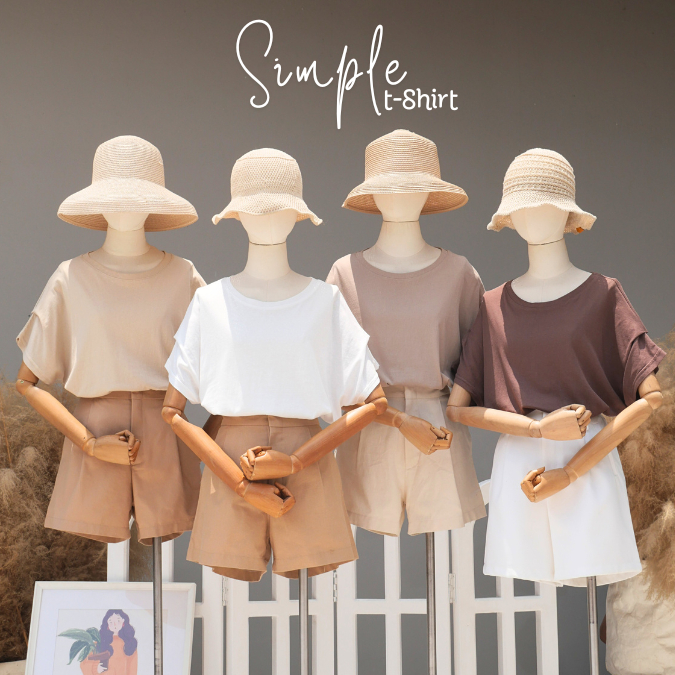 simple t shirt เสื้อยืดคอกลมสีพื้นแต่งแขน 2 ชั้น