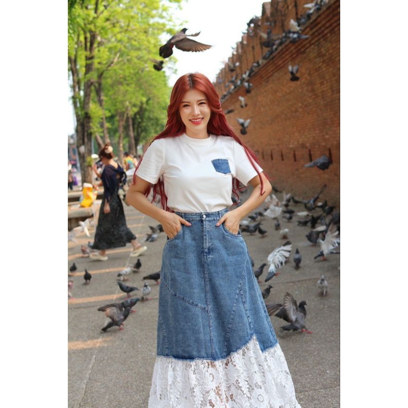 ชุดเซ็ตสวยเก๋ มี3สี!!! M-4XL Set2ชิ้น เสื้อยืดแขนสั้น+กระโปรงยีนส์ชายลูกไม้ งานป้าย DNY - รูปที่ 3