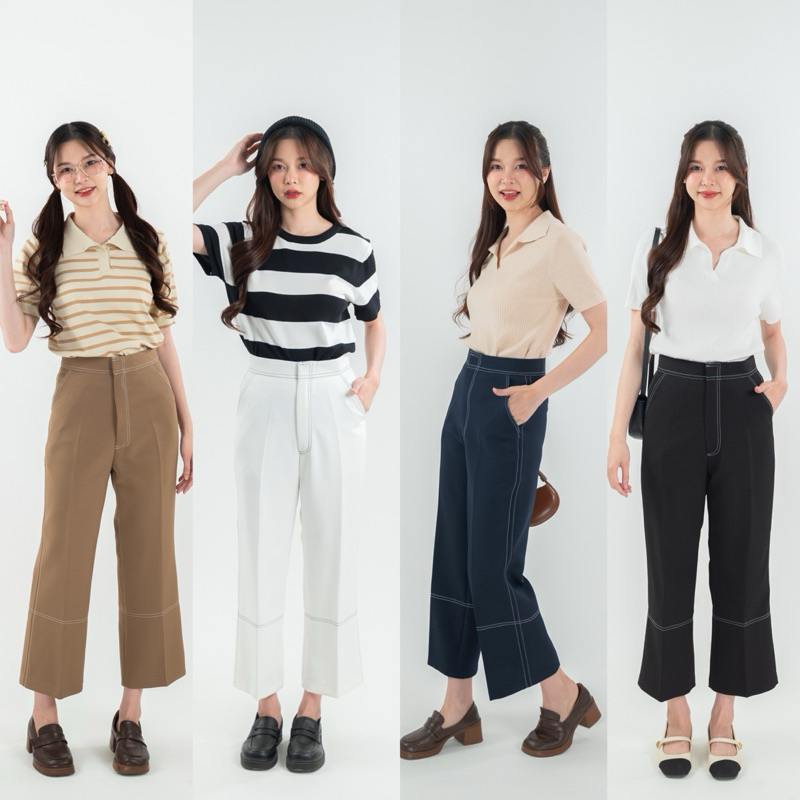 901pant02 กางเกงทรงกระบอก ขาเต่อ ดีเทลเดินเส้นด้าย กางเกง8ส่วน