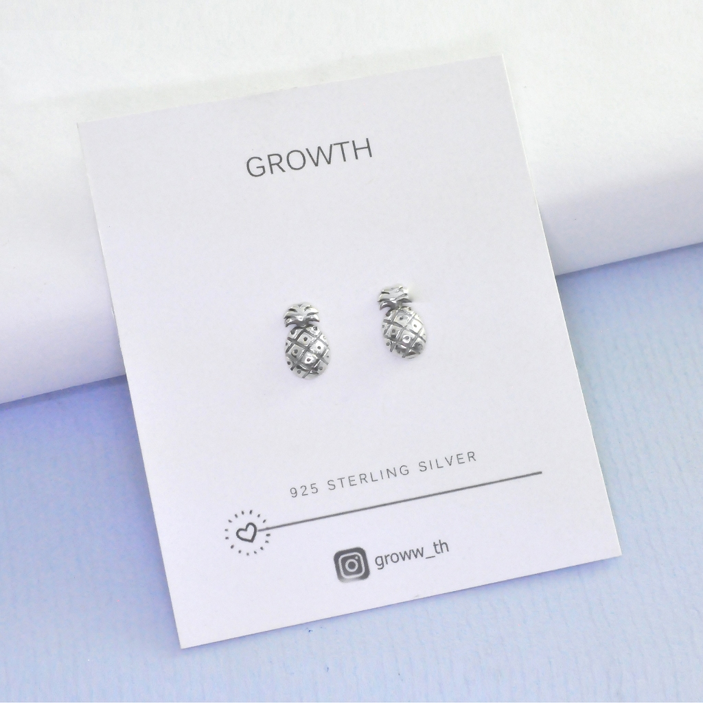 Growth✨ ต่างหูเงินแท้ ทรงสัปปะรด ขนาด 5x3.5 มิล น่ารัก กะทัดรัด ใส่ได้กับทุกวัย (รับประกันเงินแท้)