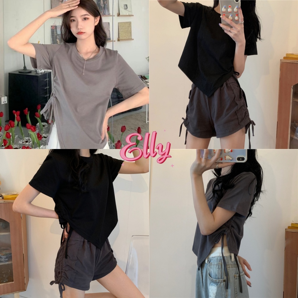 Elly พร้อมส่ง เสื้อยืดแฟชั่น เสื้อยืดแขนสั้น คอกลม สีทึบ แบบผูกเชือก ทรงไม่สม่ําเสมอ สไตล์เกาหลี สําหรับผู้หญิง