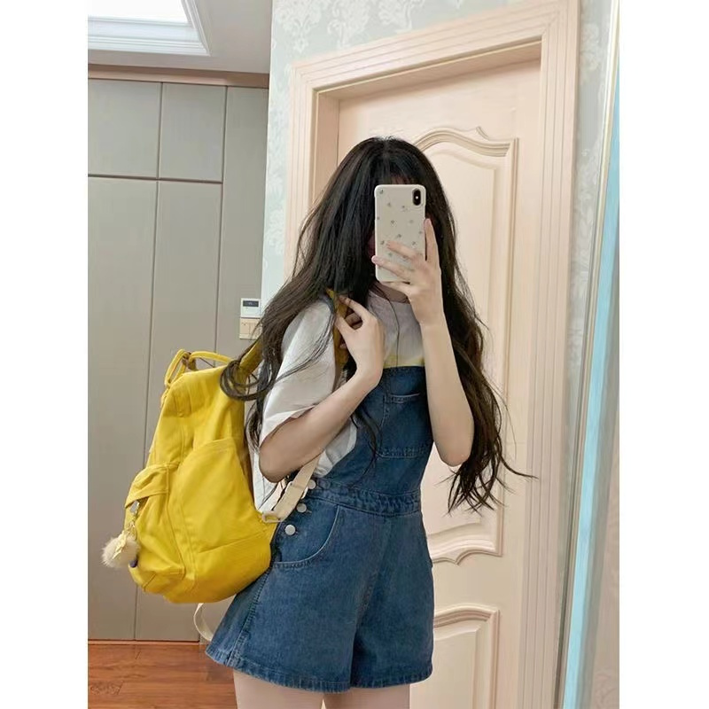 เอี๊ยมขายาว Overalls Denim ชุดฤดูร้อนผู้หญิงแฟชั่นสไตล์ตะวันตกสไตล์นักศึกษาลดอายุกางเกงยีนส์สไตล์เกาหลีเอี๊ยมกางเกงขาสั้