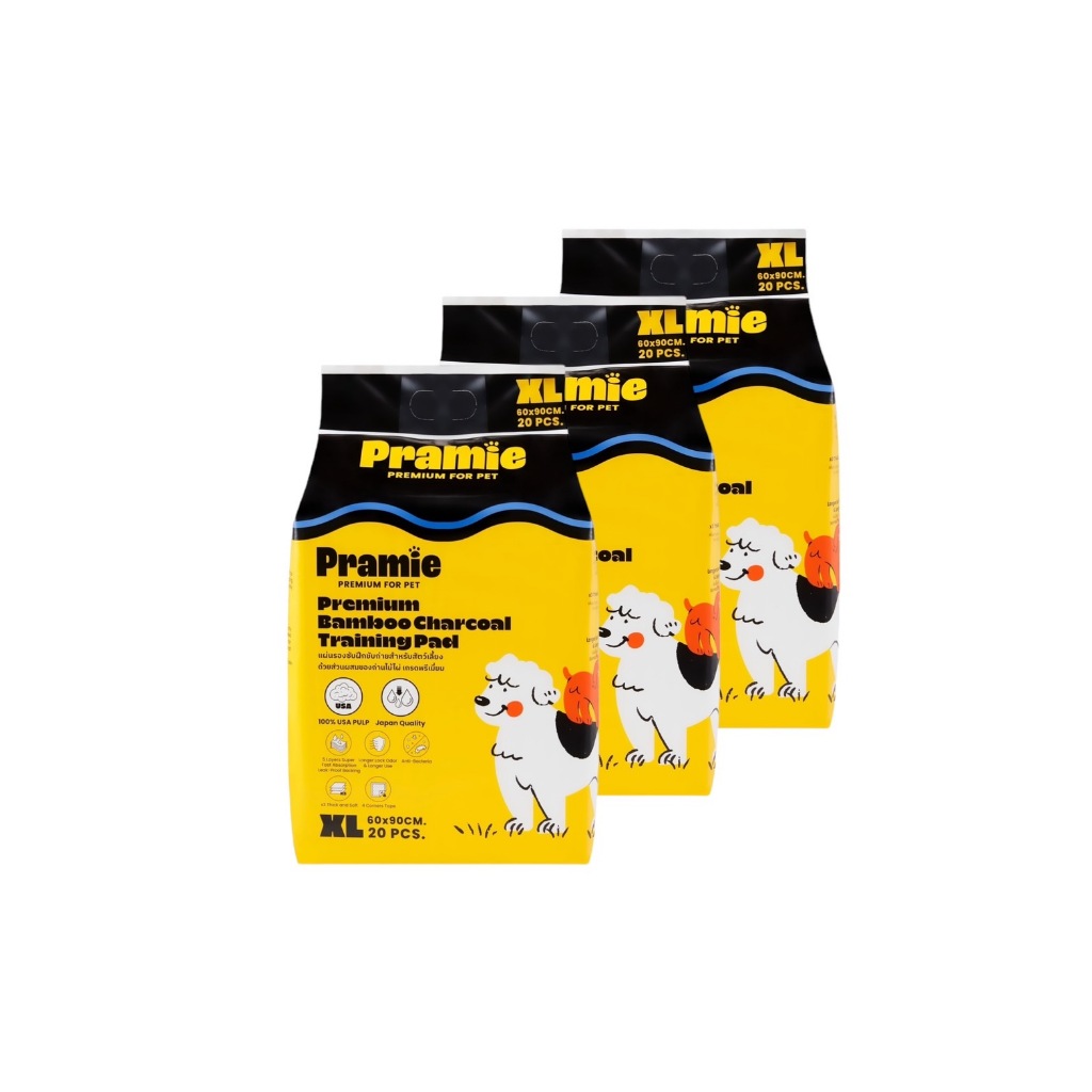 Bundle X3 Pramie Premium Charcoal Training Pad: Size XL 60x90cm แผ่นรองซับฝึกขับถ่ายผสมชาโคล