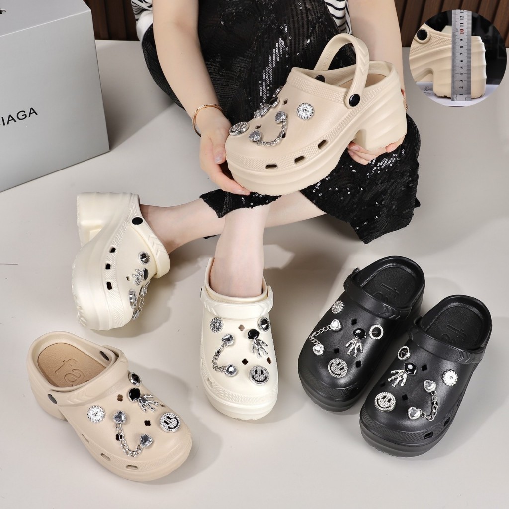 SUNBALEE ⭐ PIZ-11 รองเท้าหัวโต รองเท้าแบบสวม สีพื้น เสริมส้นสูง 8 ซม. แถมตัวติดน่ารัก พร้อมส่ง - รูปที่ 3