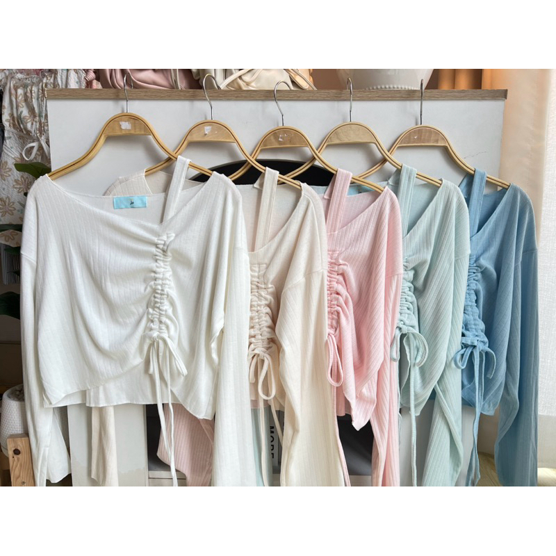 sweety เสื้อแขนยาวปาดไหล่มีรูดด้านหน้า สีพาสเทล**Y11