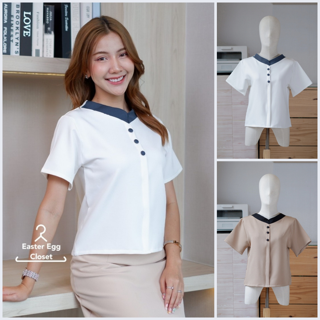 C24 เสื้อแขนสั้น คอวีทูโทน แต่งกระดุมปั้ม หลอกด้านหน้า เสื้อยืด แฟชั่น ชุดทำงาน มินิมอล Easter Egg