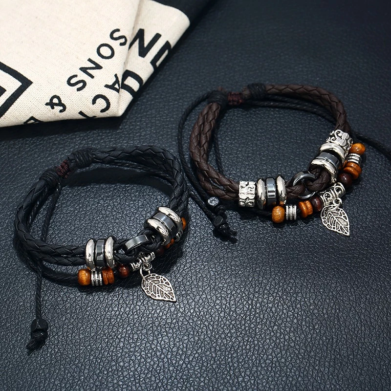 สร้อยข้อมือ กำไล ข้อมือ หนัง Multi-Layer Woven Leaf Pendant Men's Leather Bracelet Cross-Border