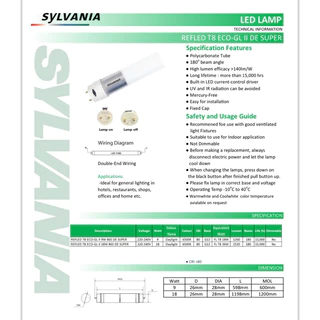 (ขายส่งยกลัง25หลอด) SYLVANIA หลอด LED T8 รุ่น ECO-GL DE หลอดสั้น T8 9W หลอดยาว 18W SYLVANIA เดย์ไลท์