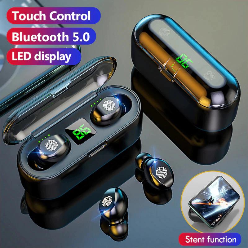 🚚พร้อมส่ง🚚F9 V5.0 TWS หูฟังบลูทูธไร้สาย จอแสดงผล LED พร้อมหูฟังพาวเวอร์แบงค์ 2000mAh พร้อมไมโครโฟน