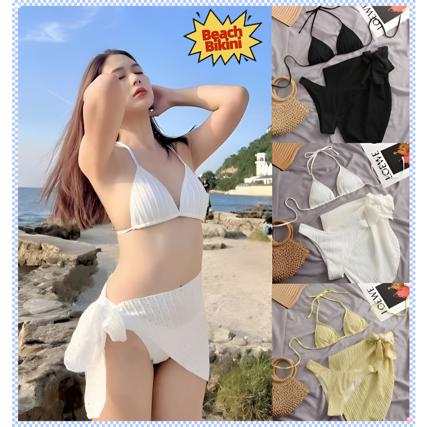 ส่งไวจากไทย Sexy bikini เซ็ตบิกินี่ 3 ชิ้น ชุดว่ายน้ำแฟชั่นเกาหลี ชุดว่ายน้ำชายหาด มีหลายสี เหมาะกับสาวๆ เนื้อผ้าดี