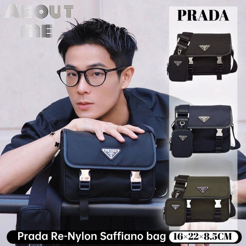 👜ปราด้า Prada Re-Nylon และ Saffiano Leather กระเป๋าสะพายผู้ชาย Messenger Bag