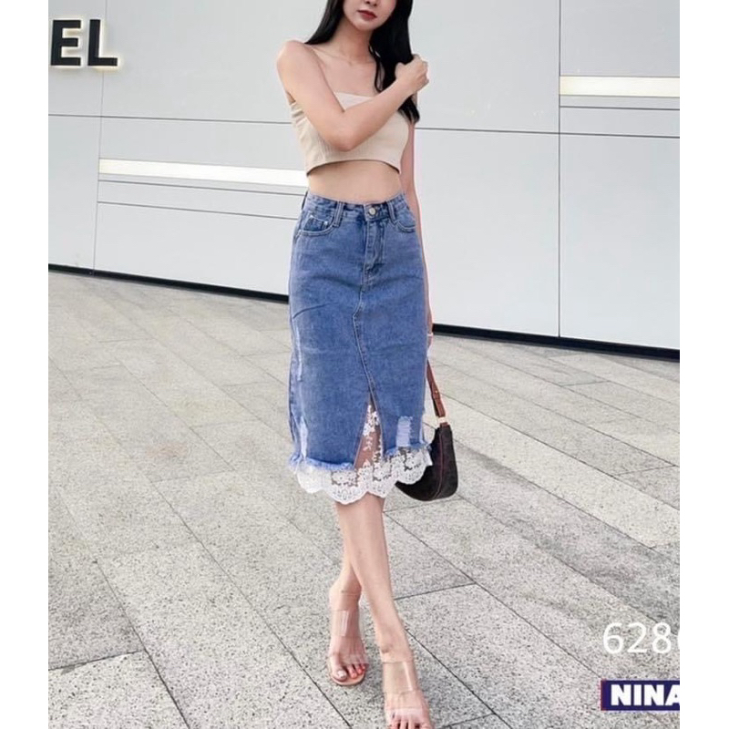 กระโปรงยีนส์ แต่งชายลูกไม้ #NN6286
