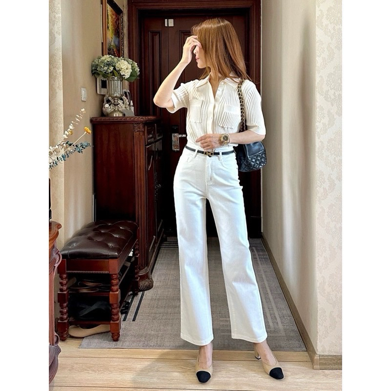 กางเกงยีนส์ทรงกระบอกกลางสีขาวผ้ายืดเอวสูง