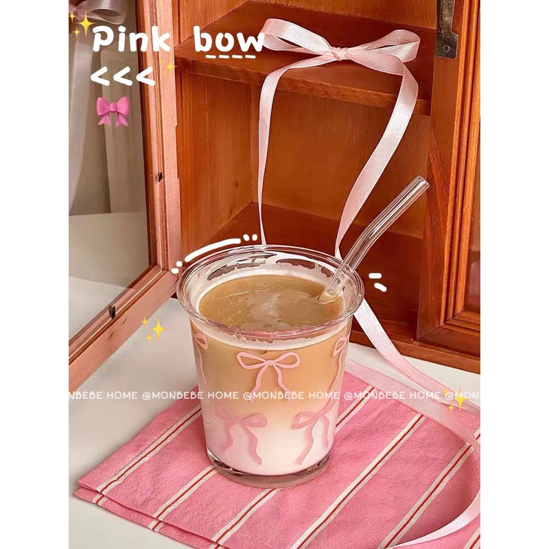 แก้วน้ำ แก้วกาแฟ ลายโบว์สีชมพู สำหรับร้านกาแฟ พร้อมส่ง！！！