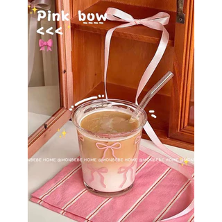 แก้ว แก้วน้ำ แก้วกาแฟ ลายโบว์สีชมพู สำหรับร้านกาแฟ พร้อมส่ง！！！