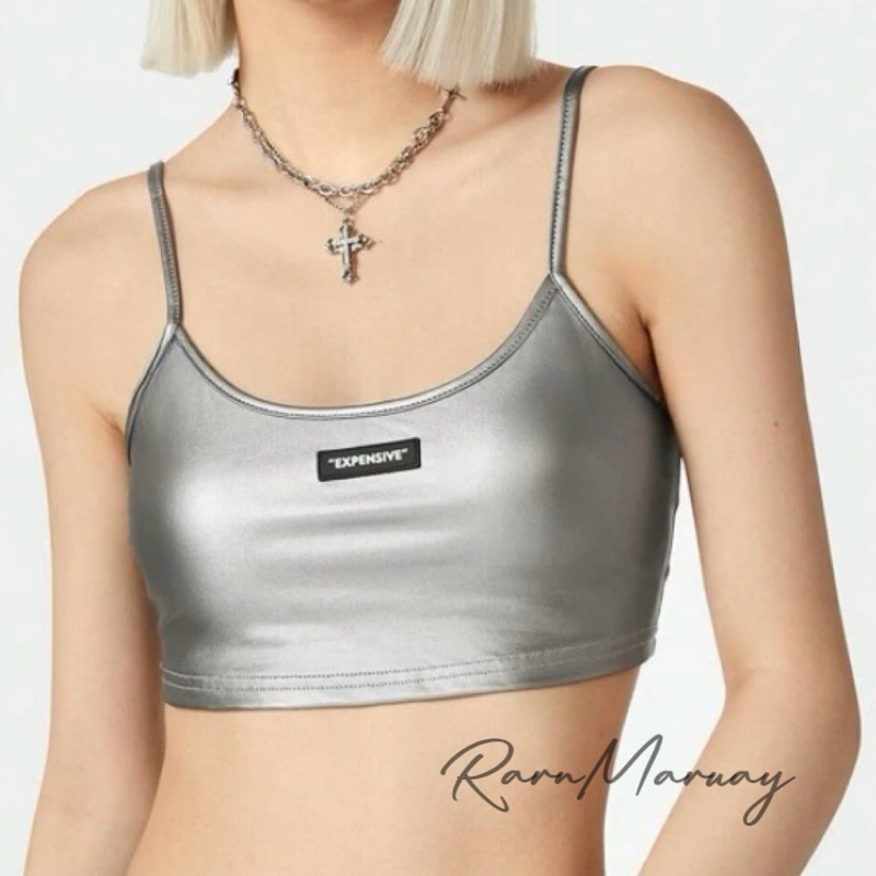 (พร้อมส่ง) เสื้อสายเดี่ยว ปรับสายได้ หนัง PU สีเงินเมทัลลิค R0012