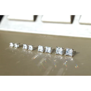 ต่างหูเงินแท้ 925 ประดับเพชร CZ Swiss Diamond เกรดพรีเมี่ยม [ Silver - Square ] Allure Jewelry