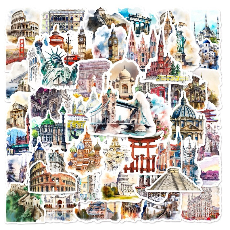 ขายดี Sticker S82 สติกเกอร์กันน้ำ ลาย World Famous Landmark สำหรับตกแต่ง งาน DIY จำนวน 50 ชิ้น
