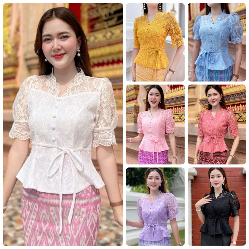 HM เสื้อลูกไม้ สีขาว แขนสั้น น่ารักลูกไม้ฝรั่งเศสอัดกาวระบาย ซิปหลัง แต่งกระดุมหน้า มีสี ขาว ชมพู ดำ ม่วง เหลือง ฟ้า