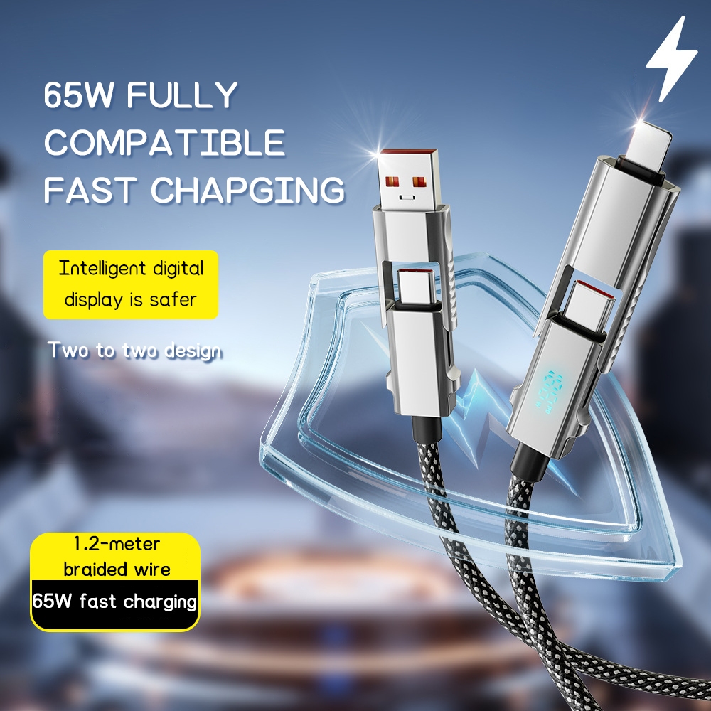 🔥ส่งจากไทย🔥สายชาร์จข้อมูลแบบถักเร็ว จอแสดงผลดิจิตอลอัจฉริยะ 65w การชาร์จเร็วสุดสี่ในหนึ่งเดียวเหมาะสำหรับ Apple/Huawei