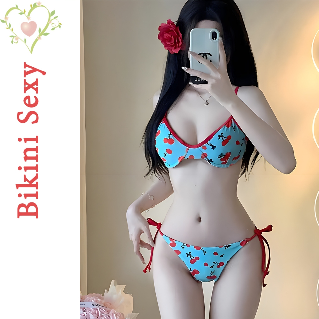 BikiniSexy 👙👙 บีกินี่ เซ็กซี่ ชุดว่ายน้ําบิกินี่ เชอร์รี่ สีฟ้า มี โครง ผูกเชือก ส่งจากไทย #0347