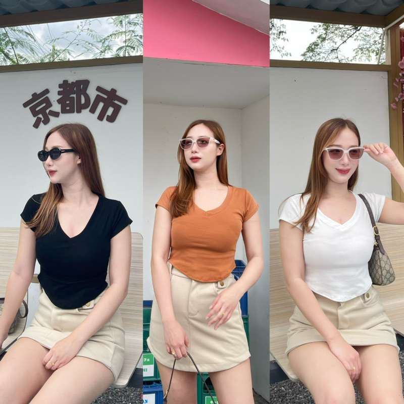 เสื้อครอป อก 30-36 นิ้ว คอวี เอวยู ผ้ายูนิ งานเข้ารูป พอดีตัว พร้อมส่ง งานไทย