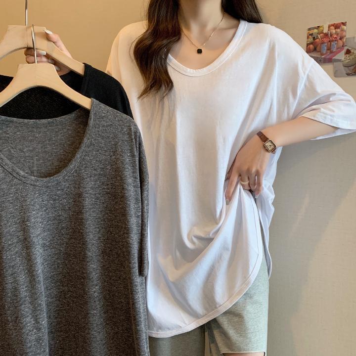เสื้อยืดสวยๆผู้หญิงฤดูร้อนใหม่ สีพื้น oversize เสื้อผ้าแฟชั่นสาวอวบ เสื้อยืดโอเวอร์ไซส์ลําลองทรงหลวมสไตล์เกาหลี มินิมอล