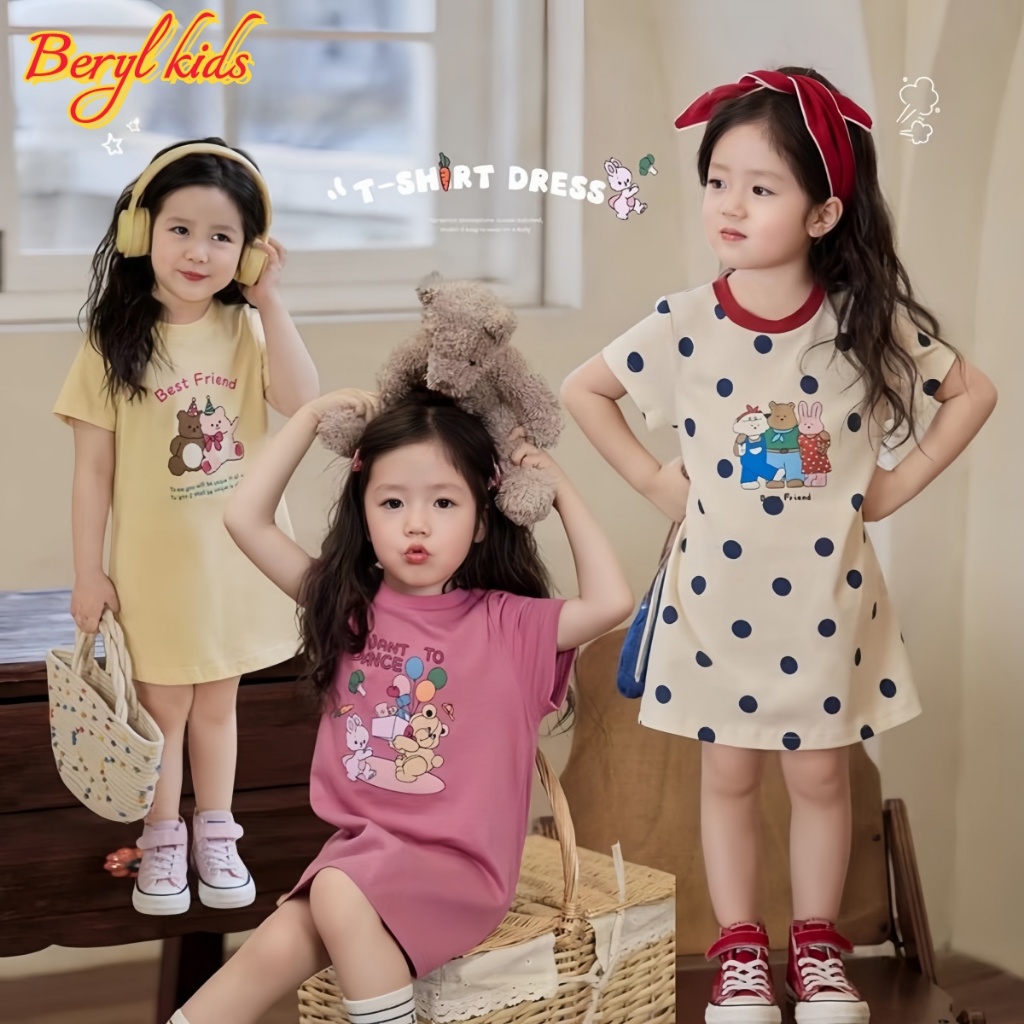 Beryl kids🌸ชุดเดรสเด็กผู้หญิง แฟชั่น🎀กระโปรงแขนสั้นลายการ์ตูนน่ารัก สไตล์เกาหลี ลำลอง ฤดูร้อน รุ่นใหม่