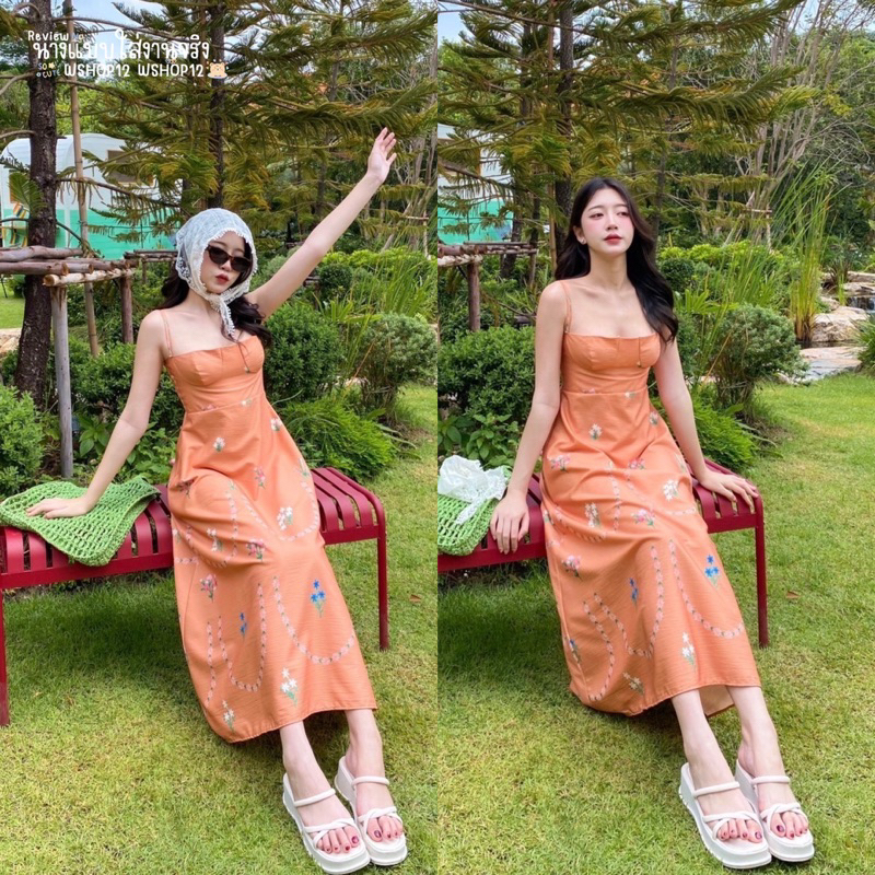 เดรสยาวสายเดี่ยว สมอคหลังเข้ารูป ลายดอกไม้คือดีสวยมาก ใส่สบายพริ้วๆ ฟิลเจ้าหญิง 4สี