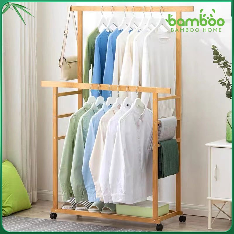 🎋60-100CM ราวแขวนเสื้อผ้า มีตะขอแขวนหมวก/กระเป๋า ชั้นวาง2ชั้น รับน้ำหนักได้ 105 กก ทำจากไม้ไผ่แท้ ประกอบง่าย