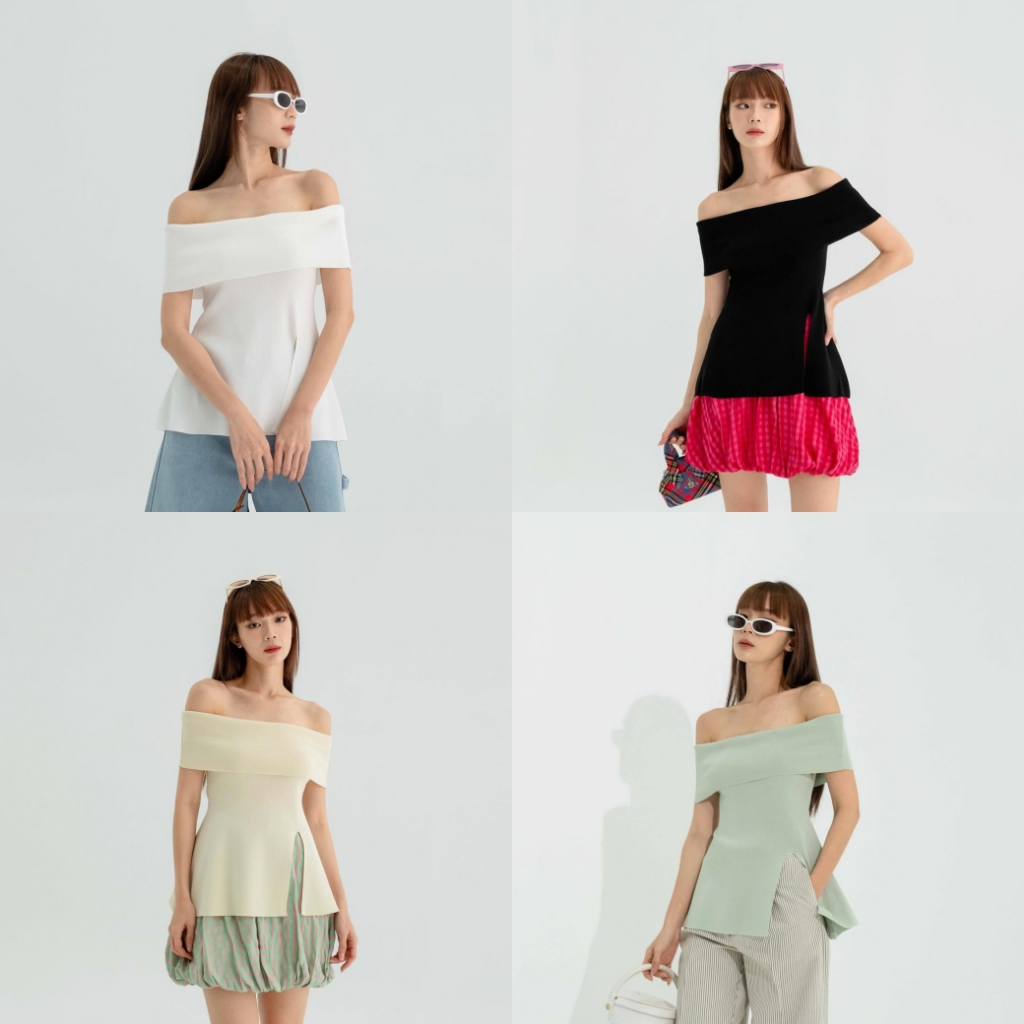 Kimmame - เสื้อ รุ่น Slit Knit Off Shoulder 4 สี