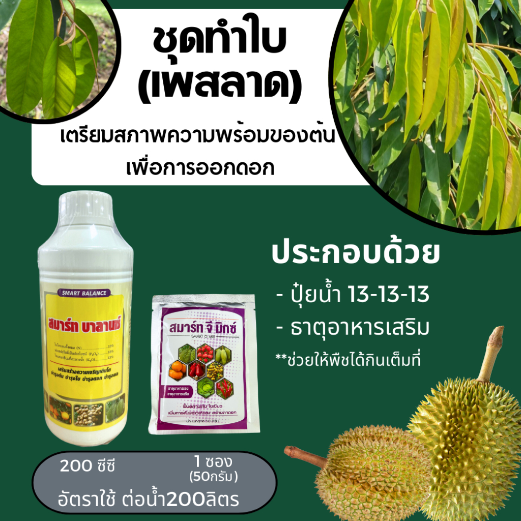 ชุดทำใบเพสลาด ทุเรียน เตรียมสภาพความพร้อมของต้น เพื่อการออกดอก (ปุ๋ยน้ำ13-13-13, ธาตุอาหารเสริม) ใช้ได้ 5 ถัง(200ลิตร)