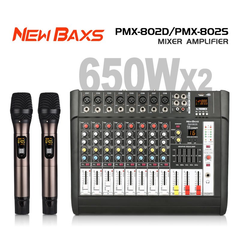 Newbaxs PMX802S Professional Mixer 8 ช่อง 16DSP 2 ไมโครโฟนไร้สายแบบใช้มือถือ 650 วัตต์ 2 ช่อง 80 เมตร