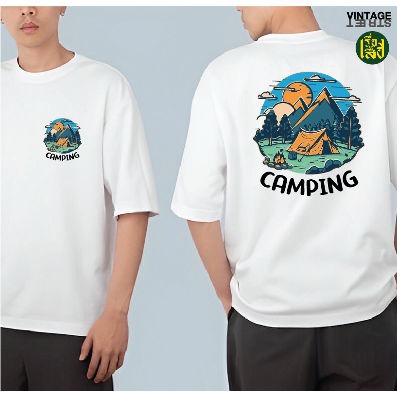 เสื้อแคมป์ปิ้ง เสื้อวินเทจ สกรีนลายเท่ห์ อกซ้ายและหลัง ผ้าCOTTON100% พร้อมส่ง
