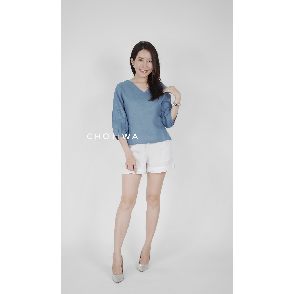 เสื้อลินินแท้คอวี -เเขนบอลลูนต่อย่น Chotiwa