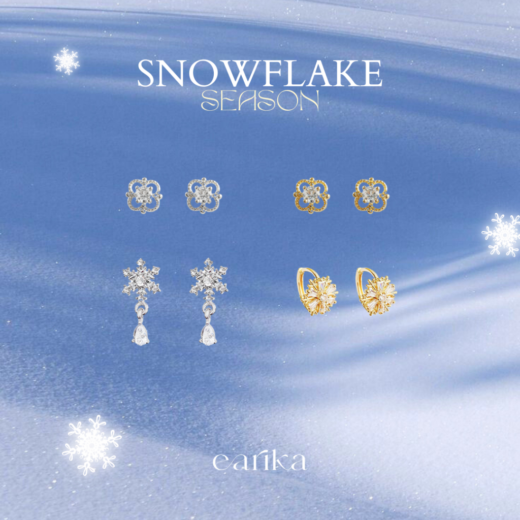 earika.earrings - snowflake season ต่างหูเกล็ดหิมะประดับเพชรก้านเงินแท้ชุบทองคำขาว/ทอง ผิวแพ้ง่ายใส่ได้
