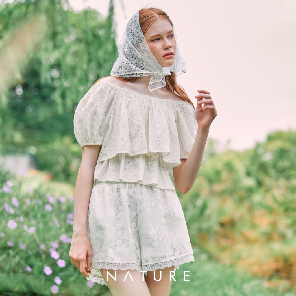 nature.bkk - BTN35077 กางเกงขาสั้นสม็อคเอวลูกไม้เนเจอร์ nature lace smock waist shorts