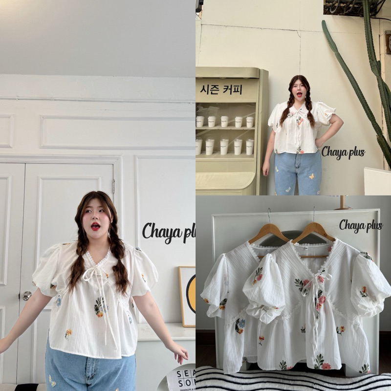 เสื้อคอวีแต่งลูกไม้ เนื้อผ้าครัชงานปักน้องดอกไม้ ตกแต่งเชือกผูกน้องโบว์ที่อก งานน่ารักมาก plussize สาวอวบ