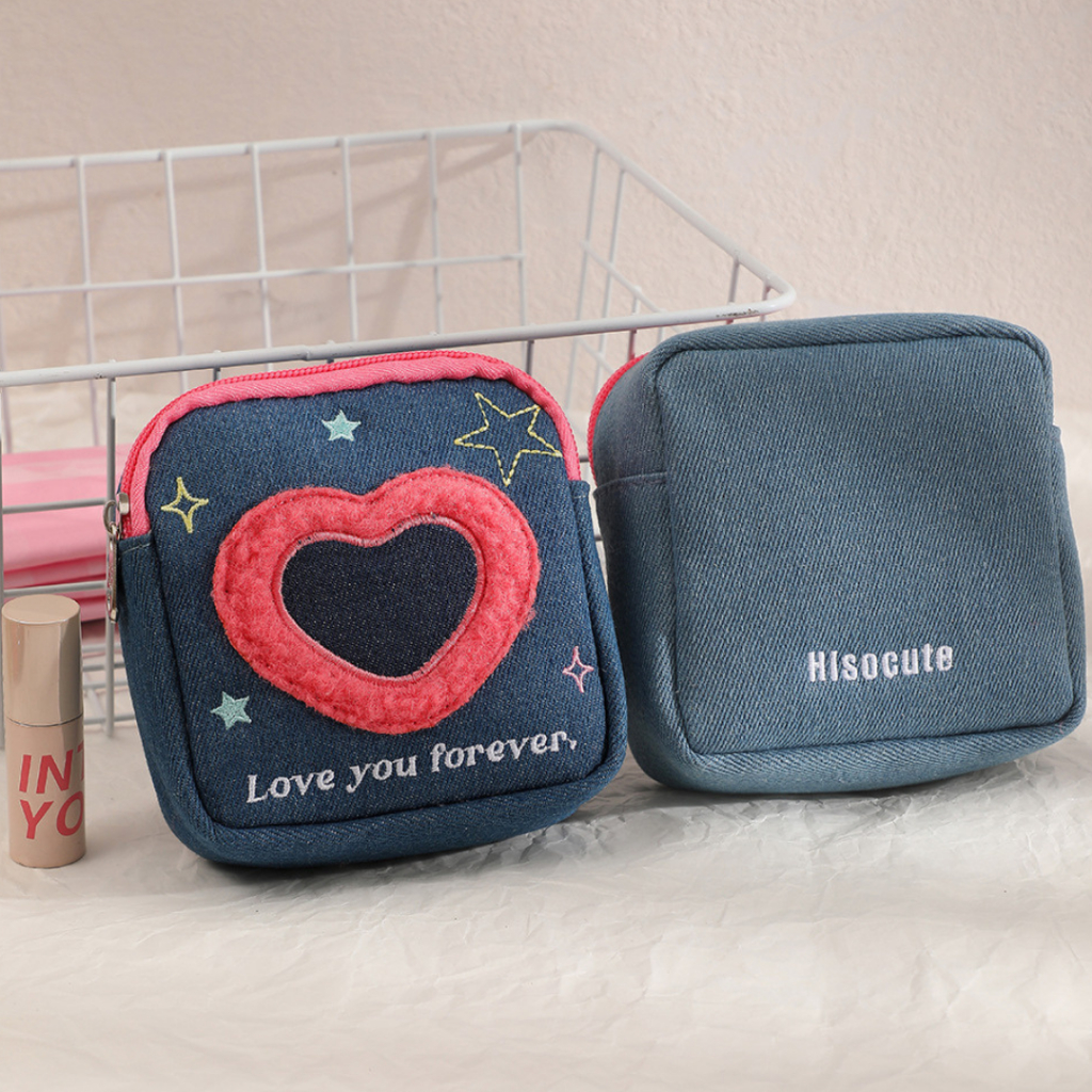 Denim Hisocute กระเป๋าเครื่องสำอางอเนกประสงค์แบบพกพา มี2ขนาด ผ้ายีนส์นิ่ม เก็บหูฟังใส่เหรียญ จัดระเบียบ สไตล์น่ารัก