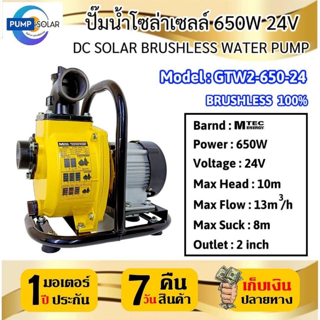 ใช้แผง 330w-420w 2ตัว(ต่อแบบขนาน) ปั๊มโซล่าเซลล์ รุ่น GTW2-650-24 สูบน้ำได้มากถึง10000ลิตร/ชั่วโมง