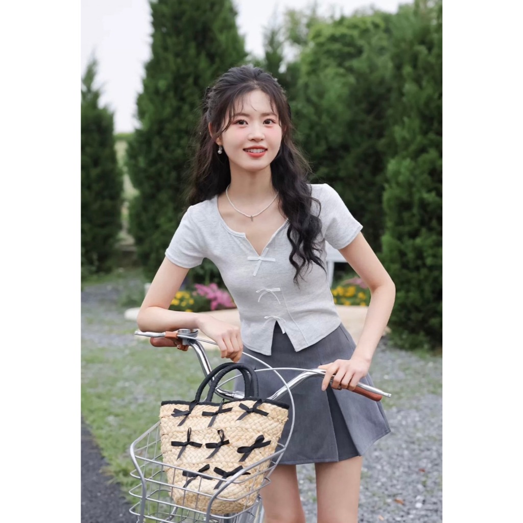 MKL เสื้อไหมพรม แขนสั้น แฟชั่นเกาหลี แต่งโบว์น่ารัก ผ้ายืด ใส่สบาย #C134