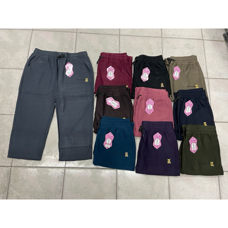 กางเกงผู้ใหญ่ขา5ส่วนผ้ายืด เกาหลี ลายปักหมีเล็กเนื้อผ้ายืดตามตัวใส่สบายเอวมีเชือกผูกใช้งานได้จริงกระเป๋า2ข้าง 777Q-9