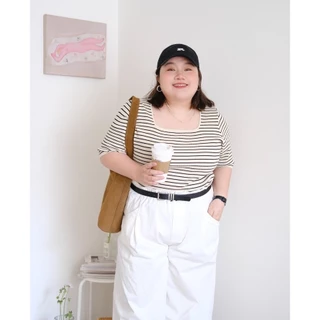 CiCi Plus+(A2143)เสื้อยืดไหมพรมลายทาง/สีพื้นคอกลม ผ้ายืด สไตล์สาวพลัสไซส์