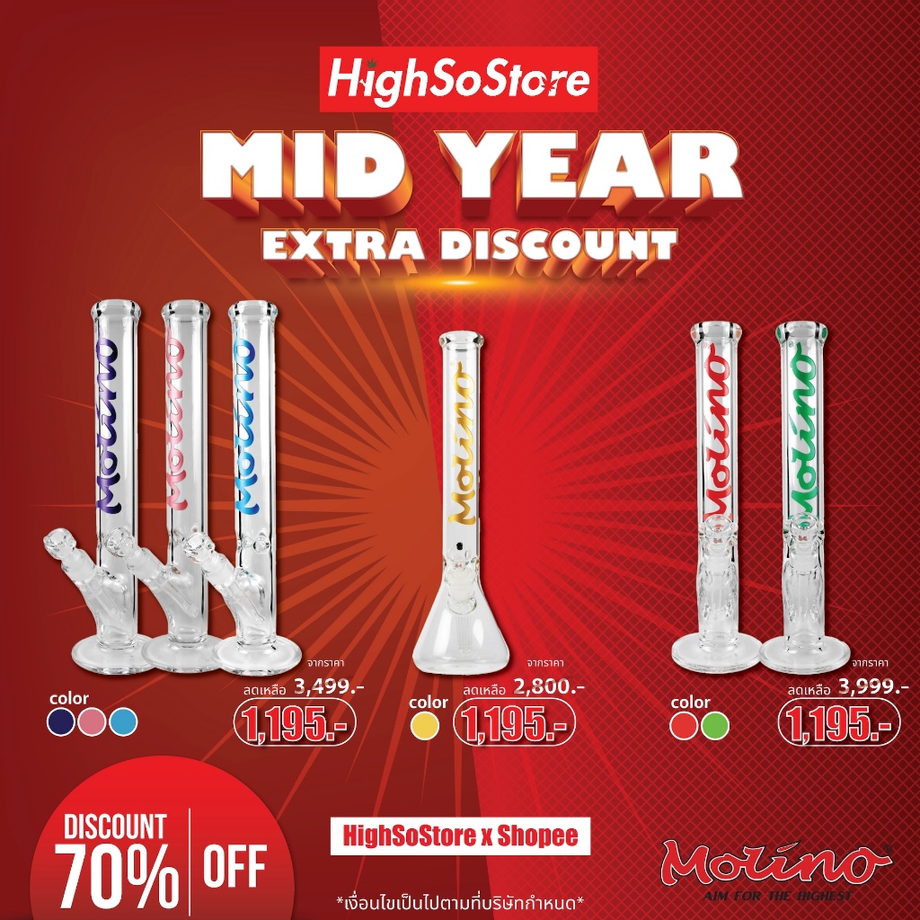 [Promotion ลดหนัก จัดเต็ม]  บ้องแก้ว Molino สูง 40 cm สวย ใส ของแท้ 100% Glass Bong บ้องคุณภาพดีจาก 