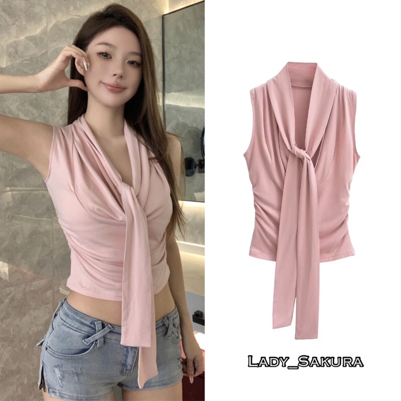 Lady_Sakura 6828/AG#เสื้อกล้ามคอถ่วง แต่งผ้าพันคอ#เสื้อแฟชั่น เนื้อผ้าเรย่อน จับจีบย่นช่วงเอว